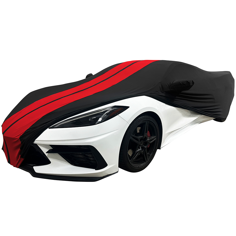 Corvette Ultraguard Stretch Satin Car Cover - Black W/Red Stripes - Indoor : C8 Stingray, Z51, Z06