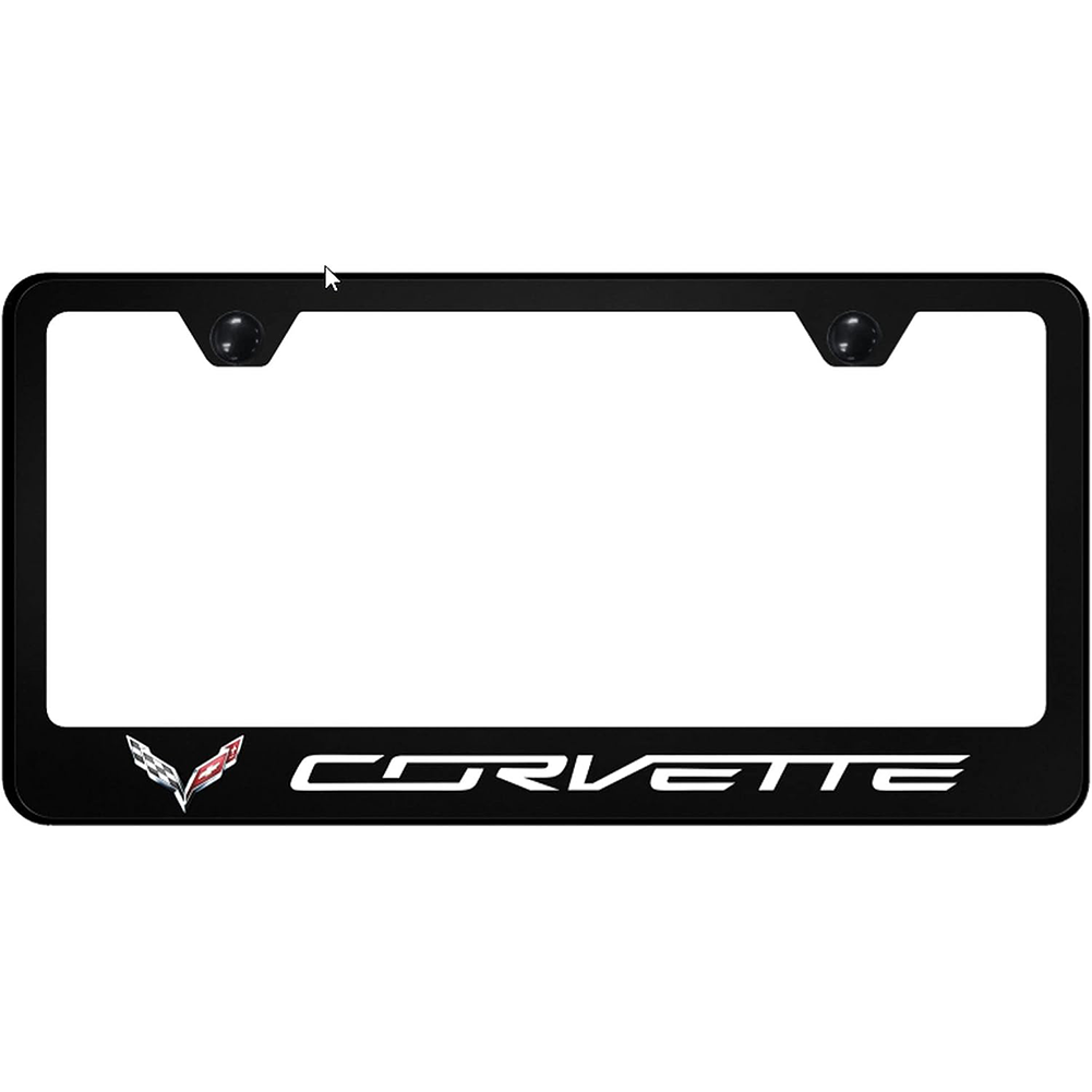 C7 Corvette Black Polycarbonate License Plate Frame w/Crossed Flags Logo
