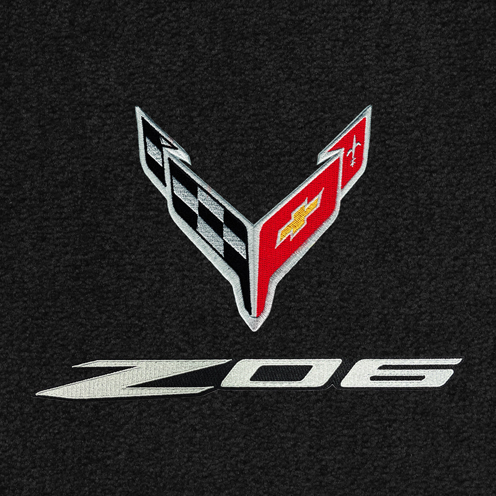C8/Z06 Corvette Front Cargo Mats - Lloyds Mats with C8 Crossed Flags Over Z06 Logo