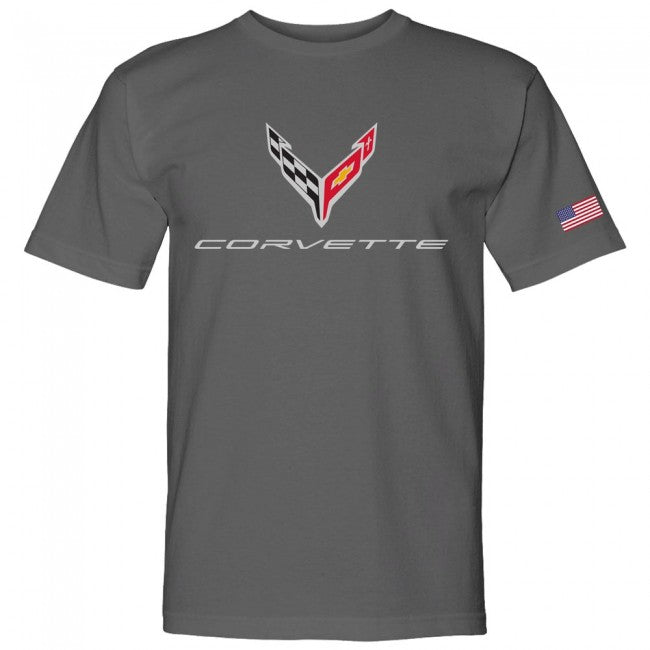 C8 Corvette USA Made Crossed Flag Tee : Charcoal