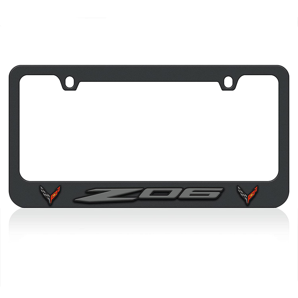 Corvette Black License Plate Frame W/Z06 & Flags Logo : C8 Z06
