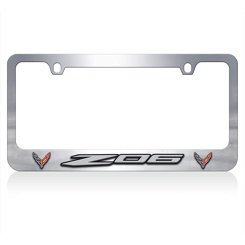Corvette Chrome License Plate Frame W/Z06 & Flags Logo : C8 Z06