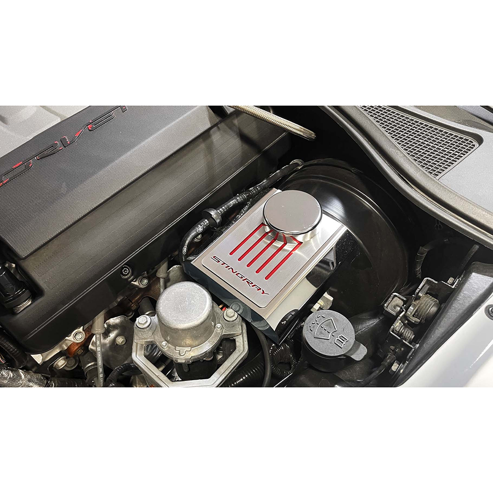 Corvette Brake Master Cylinder Cover Stingray Script w/ Cap Cover - Stainless Steel : 2014-2019 C7 Stingray, Z51, Z06, Grand Sport, ZR1