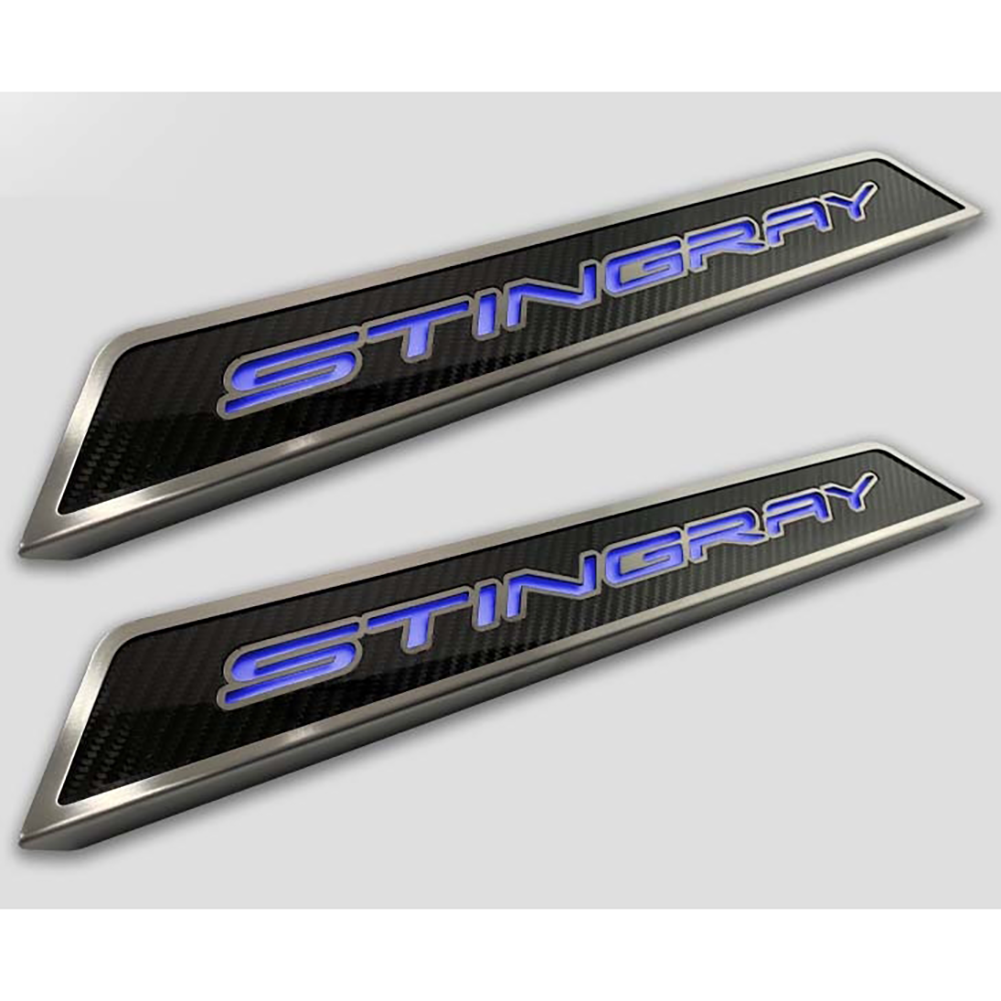 C8 Corvette Door Sills Carbon Fiber W/ Brushed Stainless Stingray Inlay : Illuminated