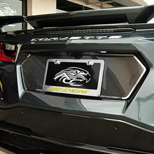 C8 Corvette - License Plate Frame Stainless Steel Overlay & Carbon Fiber W/ "Mid Engine" Script
