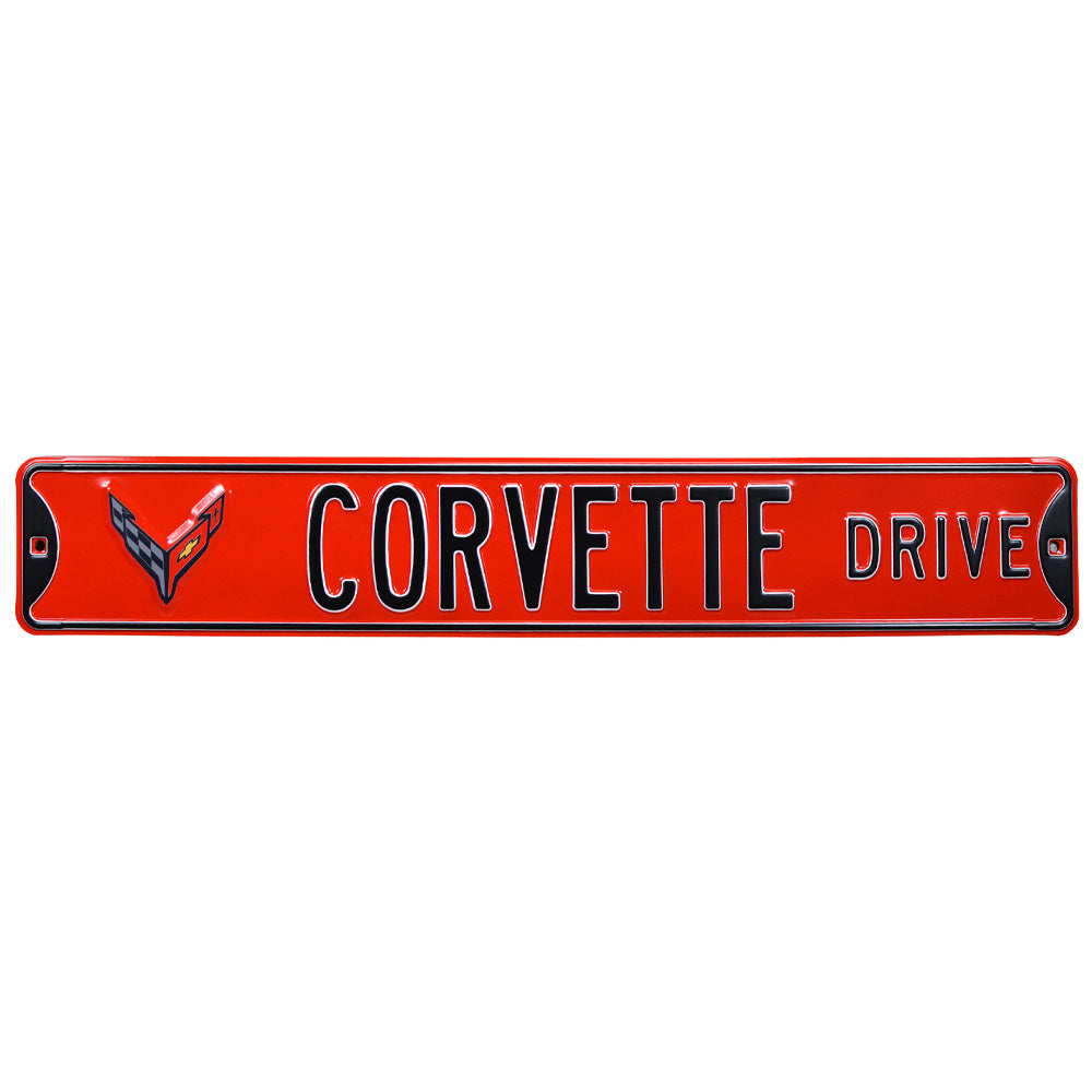C8 Corvette Drive Crossed-Flag Emblem - Metal Sign : Red