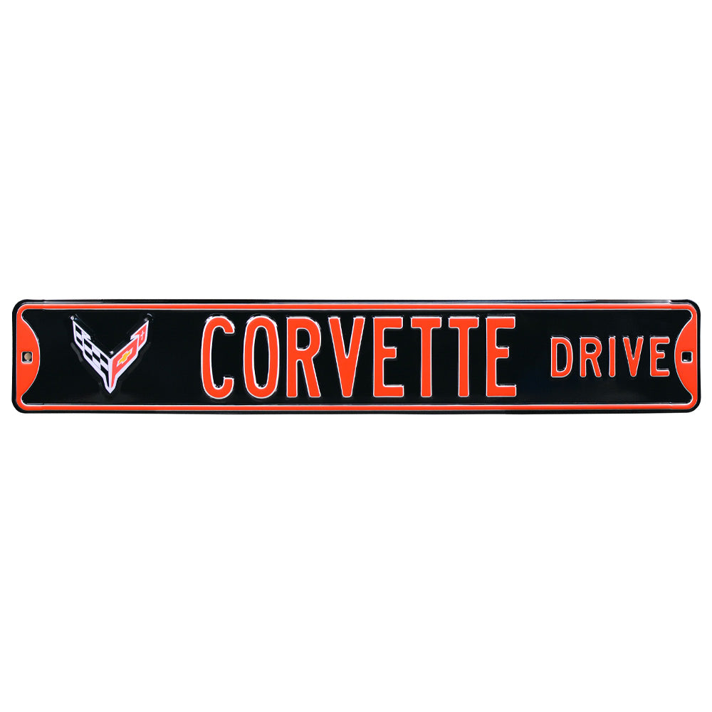C8 Corvette Drive Crossed-Flag Emblem - Metal Sign : Black
