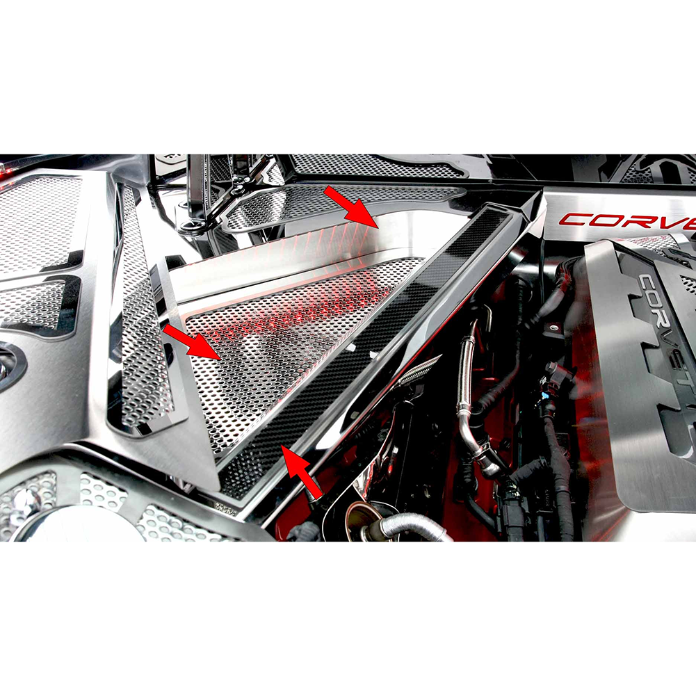 C8 Corvette Coupe Perforated Header Cover Kit 2Pc : Stainless Steel/Carbon Fiber