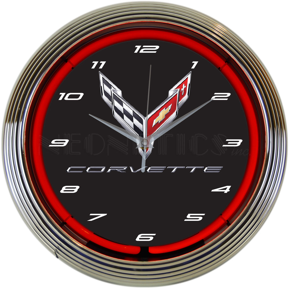 Corvette Clock - 15" Neon Wall Clock with C8 Emblem