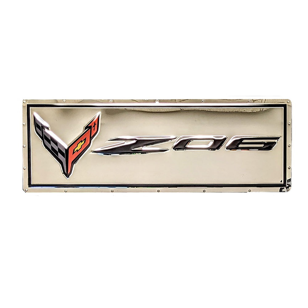 C8 Z06 Corvette w/ Flags Stainless Sign - Chrome 35" x 12"