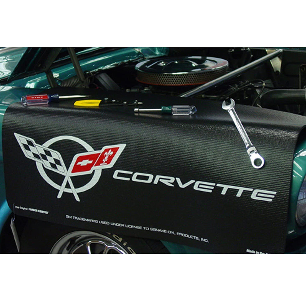 Corvette Original Fender Gripper Mat with C5 Crossed Flags Logo - 34" x 22" : Black