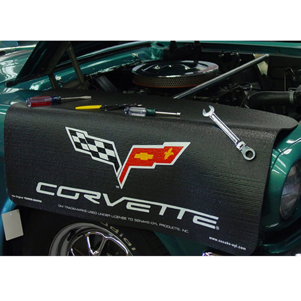 Corvette Original Fender Gripper Mat with C6 Crossed Flags Logo - 34" x 22" : Black