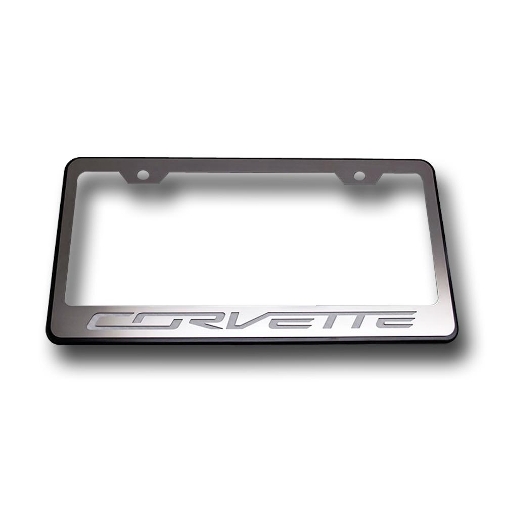 C7 Corvette Stingray License Plate Frame - Black w/Brushed Stainless Steel Overlay & Carbon Fiber 