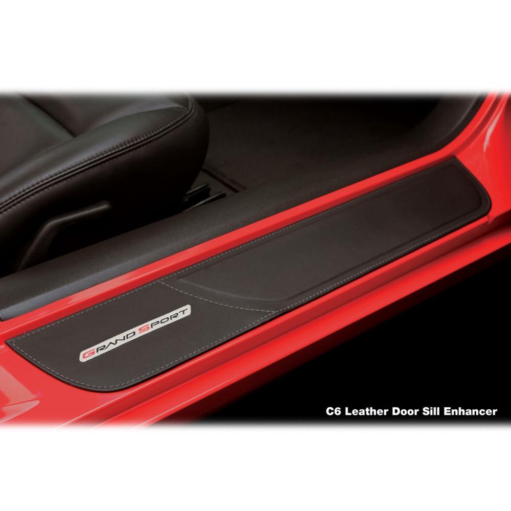 Corvette Door Sill Plates - Leather w/Embroidered Logo : 2005-2013 C6, Z06 or Grand Sport