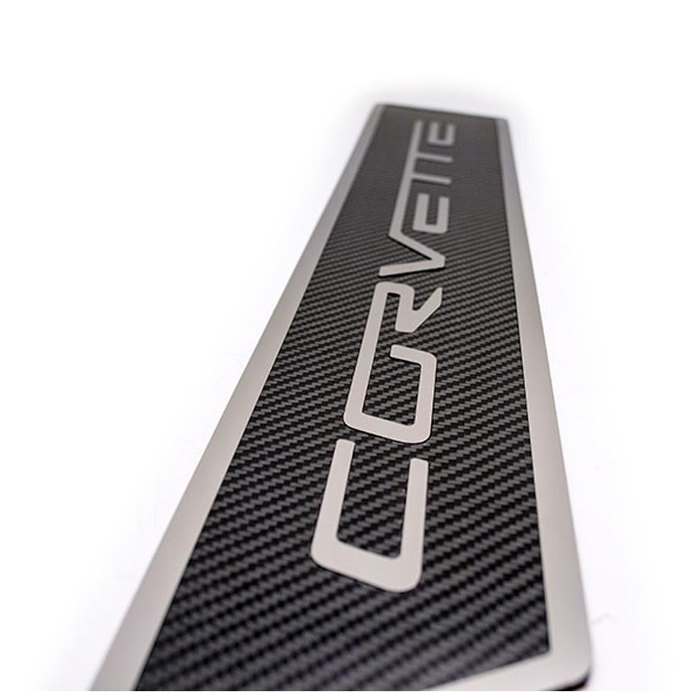 Corvette Door Sill Plates - Stainless Steel Corvette Script with Carbon Fiber Overlay : 2005-2013 C6