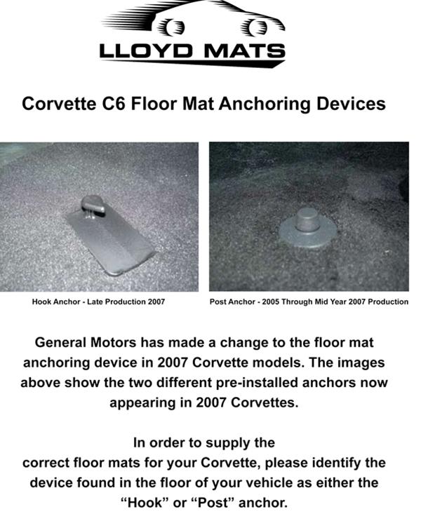 Corvette Floor Mats - All Weather Rubber Lloyds Mats : 2007.5-2013 C6 & Z06 Hook Style Anchor