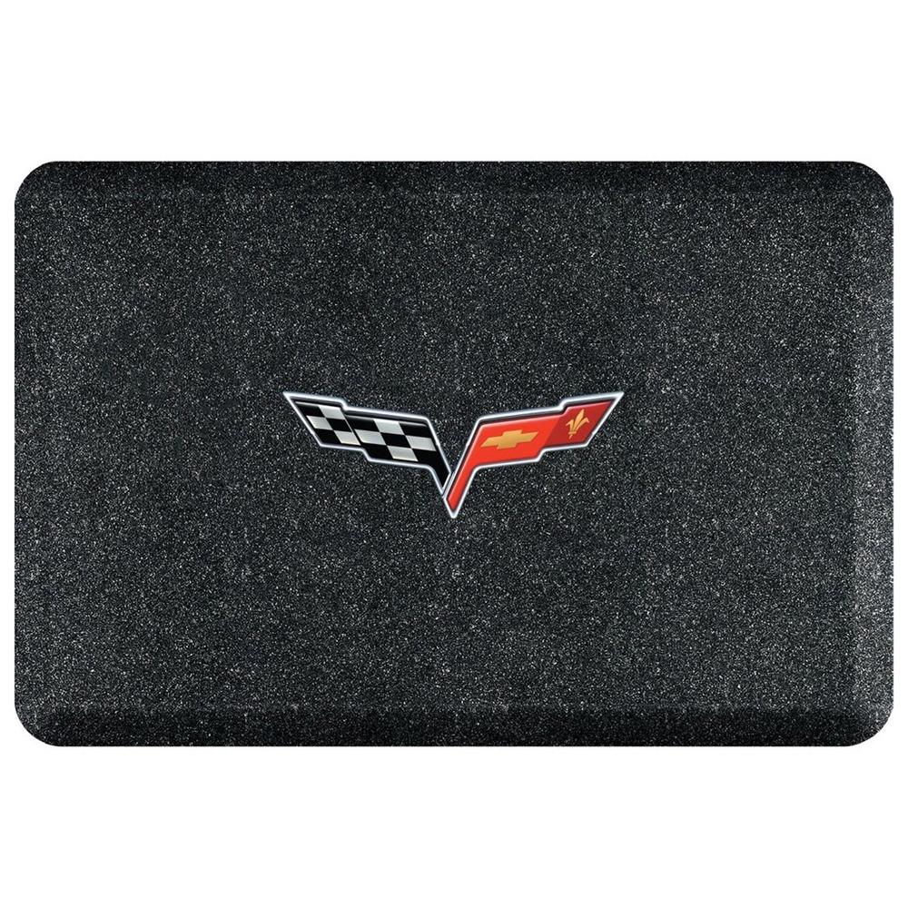 Corvette Premium Garage Floor Mat with Crossed Flags Logo - 32" x 20" - Mosaic Onyx : C6 2005 -2013