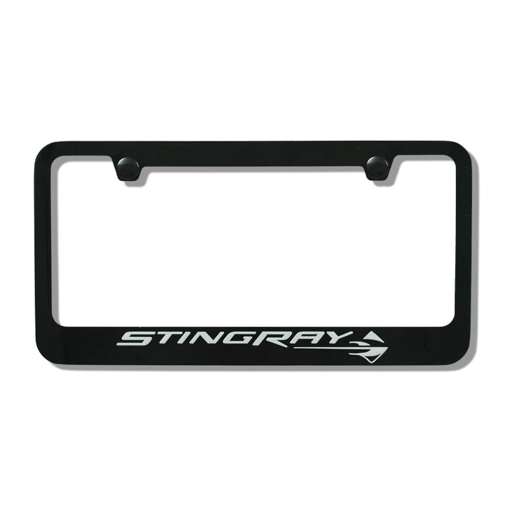 C7 Corvette Stingray Black Billet Aluminum License Plate Frame w/Stingray Script & Fish Logo
