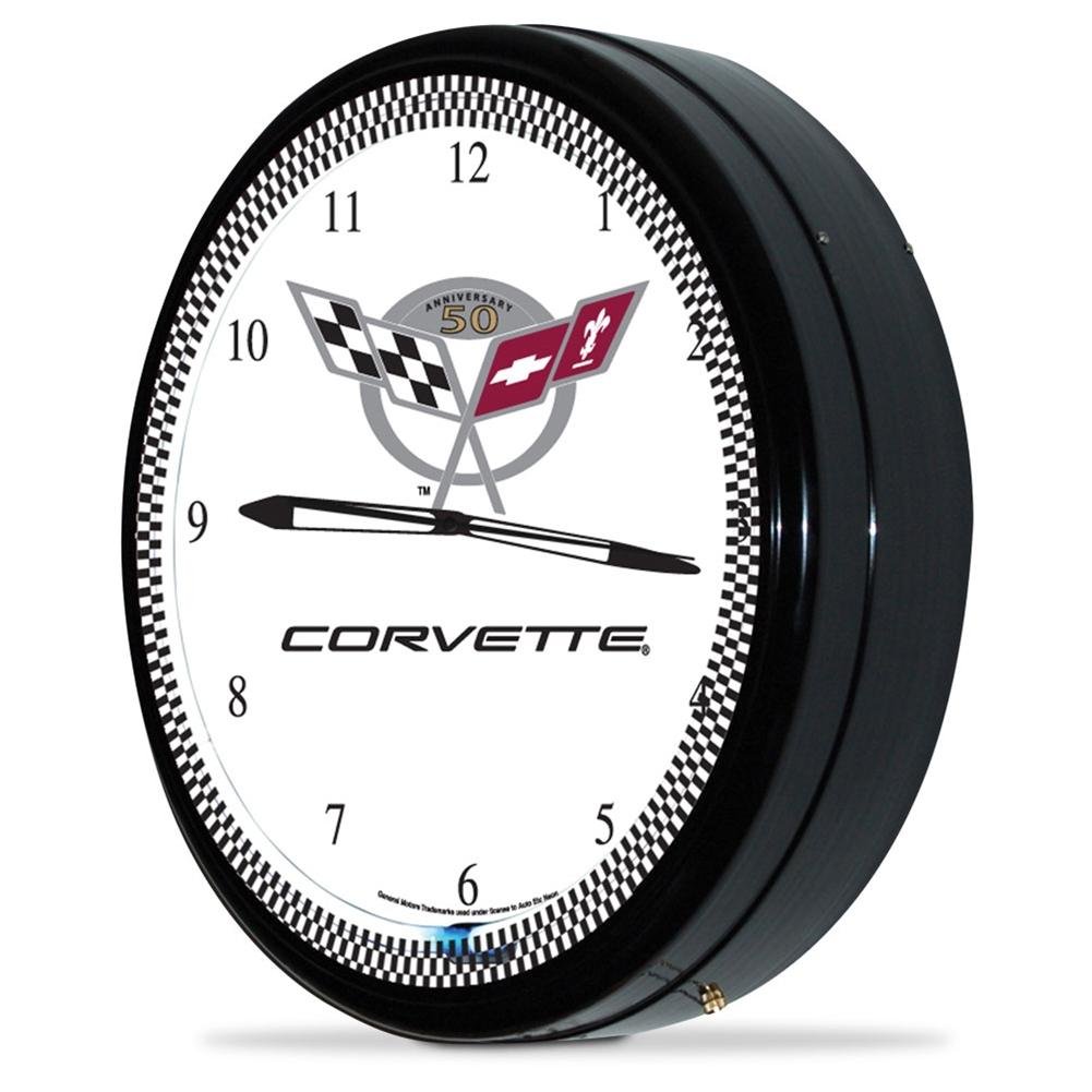 Corvette Clock - 20" White Neon Wall Clock with 50th Anniversary Emblem : C5 1997-2004