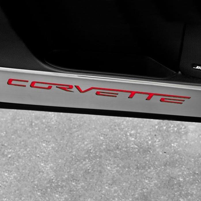 Corvette Kick Panel/Door Guards - Brushed Stainless Steel with Carbon Fiber Corvette Inlay : 2005-2012 C6