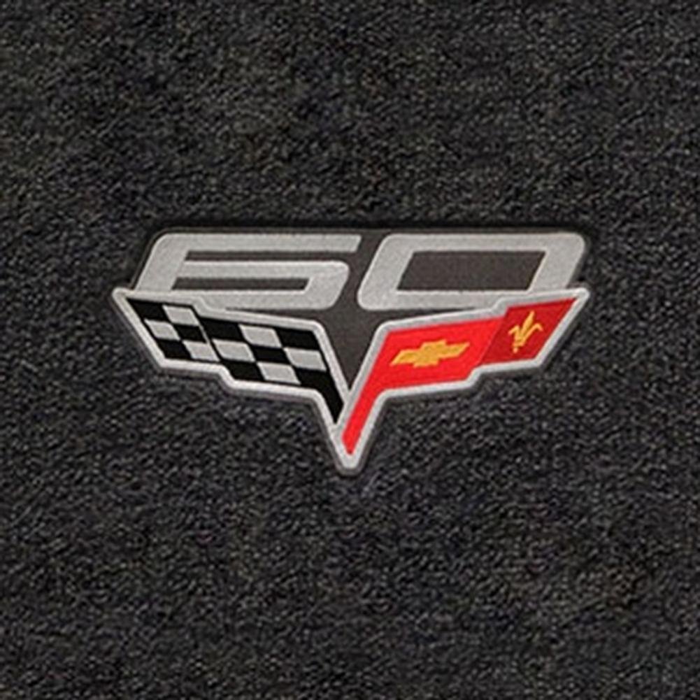 Corvette Floor Mats - 60th Anniversary above Flags : 2007.5-2013 C6, Z06, Grand Sport & ZR1- Ebony - Set of 2
