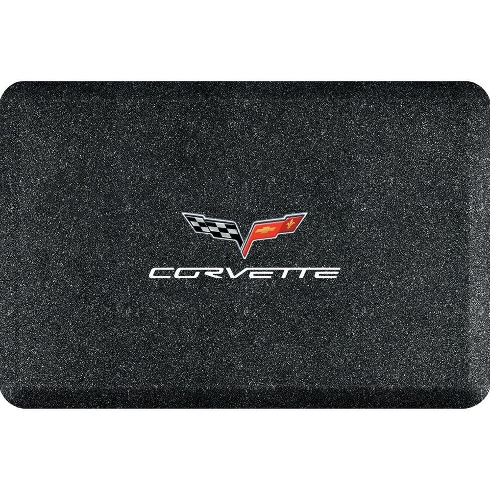 Corvette Premium Garage Floor Mat with Crossed Flags Logo & Corvette Script - 32" x 20" - Mosaic Onyx : C6 2005 -2013