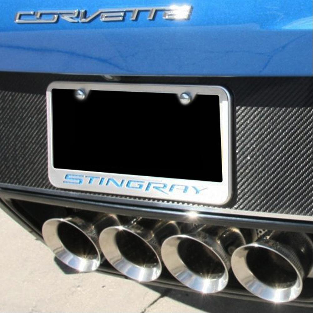 Corvette License Plate Frame - Chrome w/Stainless Steel Overlay & Carbon Fiber "STINGRAY" Script : C7 Stingray