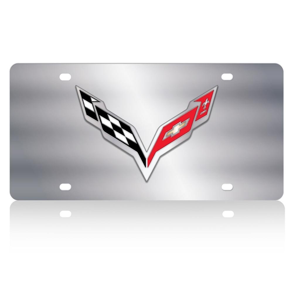 Corvette Crossed Flags License Plate/Tags - Polished Stainless Steel : C7 Stingray
