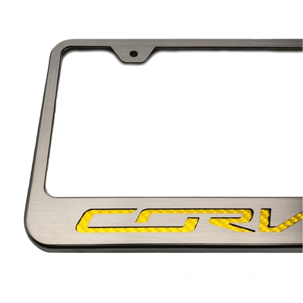 Corvette License Plate Frame - Chrome w/Stainless Steel Overlay & Carbon Fiber "CORVETTE" Script : C7 Stingray, Z51