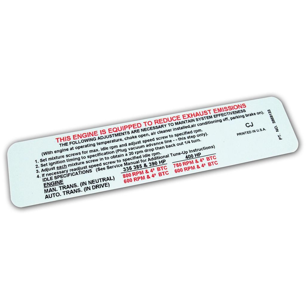 C3 1969 Corvette Label, Emission 390,400 Horsepower