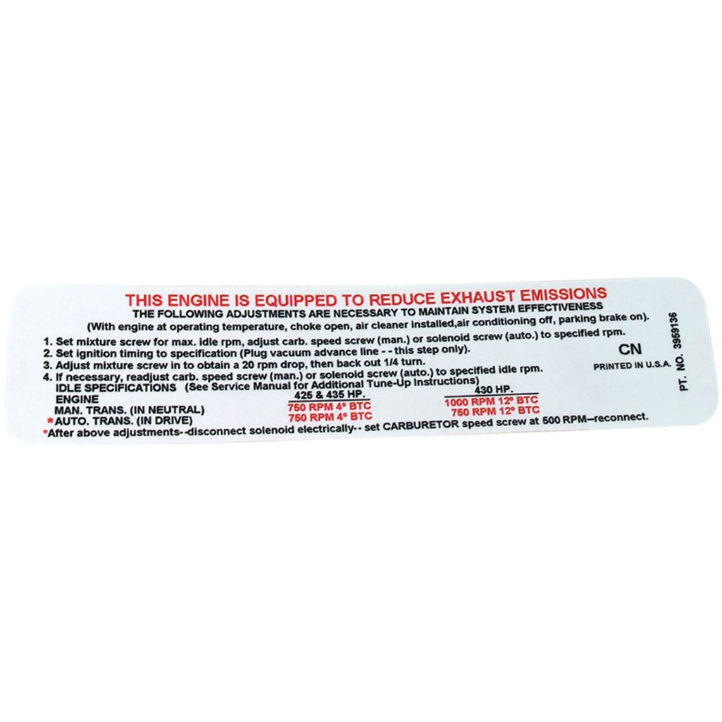 C3 1969 Corvette Label, Emission 435 Horsepower L-88
