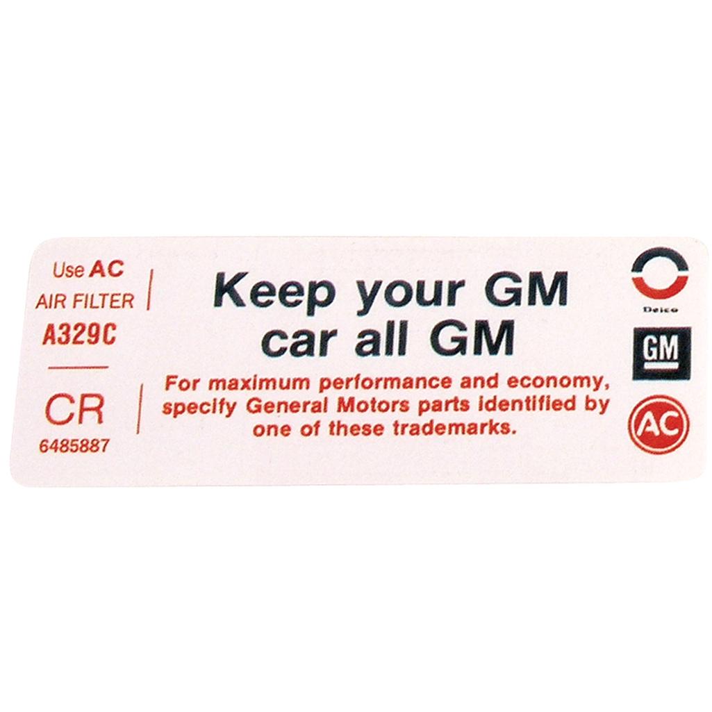 C3 1972 Corvette Decal, Air Cleaner - Keep Your GM Car All GM
