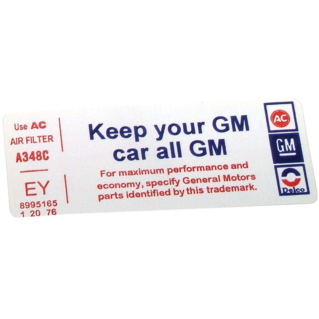 C3 1976 Corvette Decal, Air Cleaner - Keep Your GM Car All GM