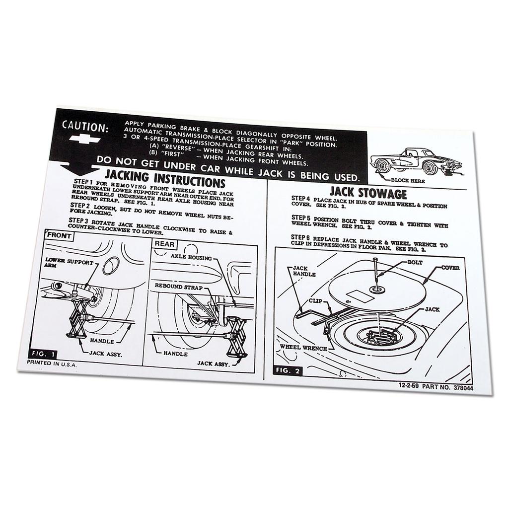 C1 1961-1962 Corvette Decal, Jacking Instruction