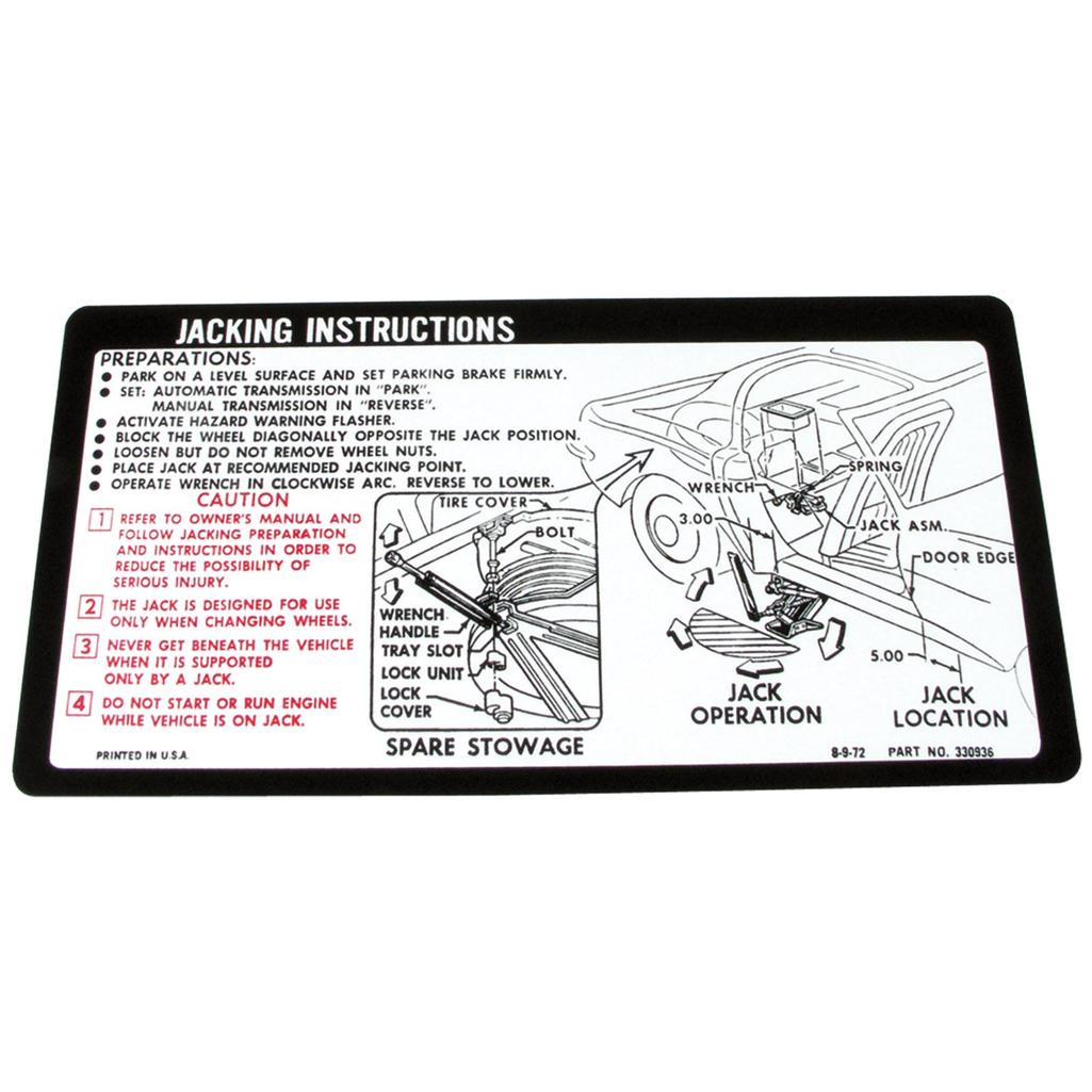 C3 1974 Corvette Decal, Jacking Instruction