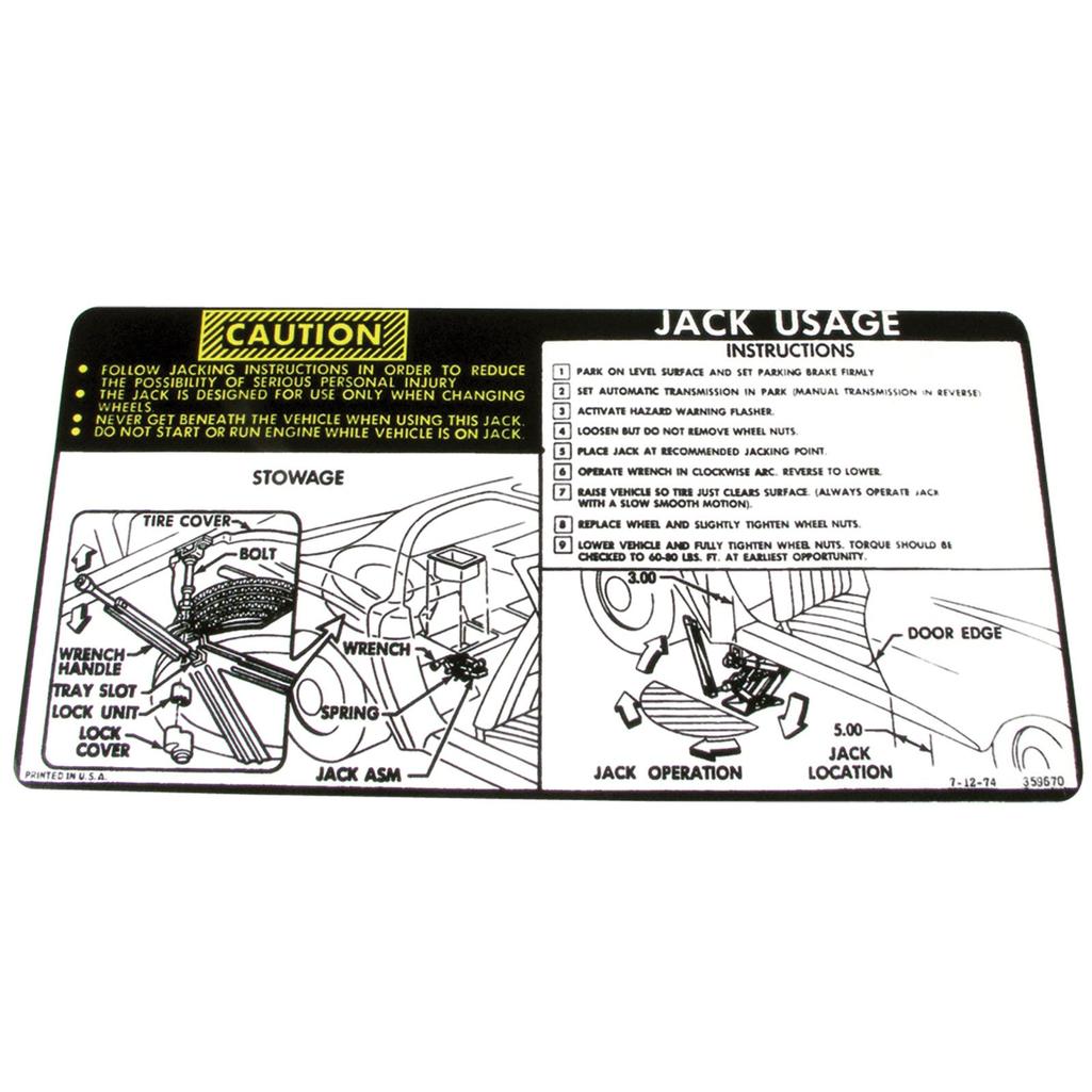 C3 1975-1978 Corvette Decal, Jacking Instruction