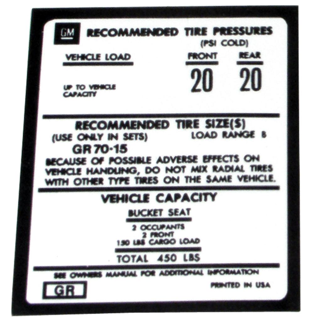 C3 1973-1975 Corvette Decal, Tire Pressure-Door