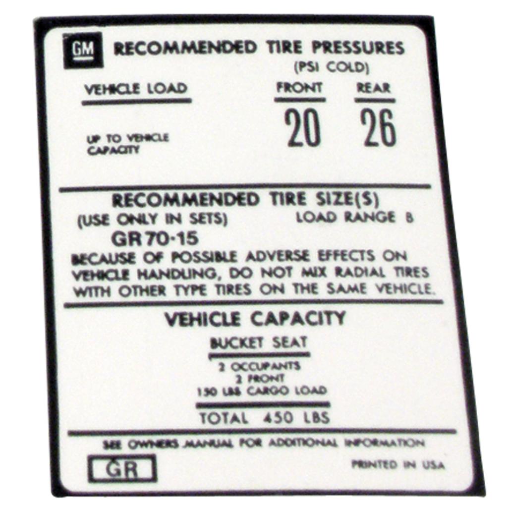 C3 1976-1977 Corvette Decal, Tire Pressure-Door