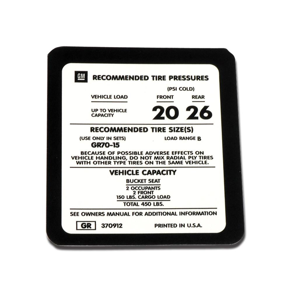 C3 1975-1977 Corvette Decal - Tire Pressure 75L