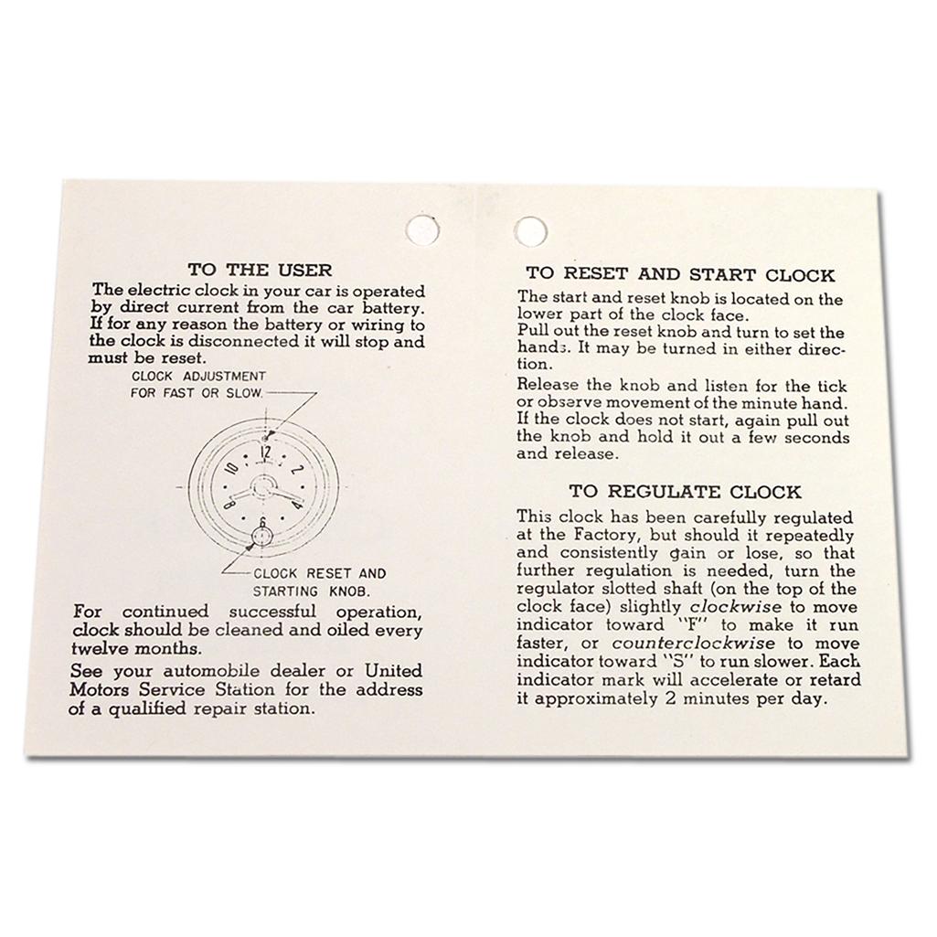 C1 1953-1957 Corvette Card, Clock Instructions