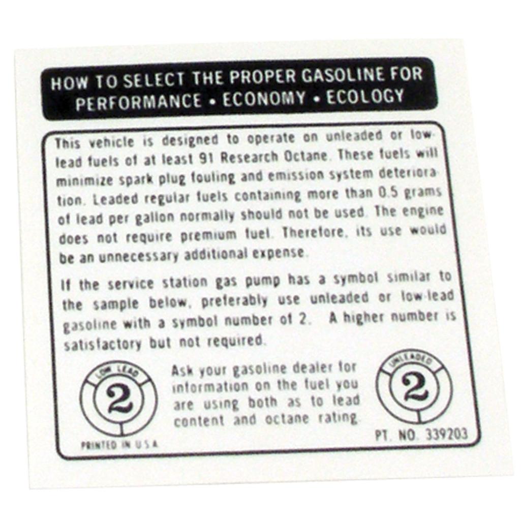 C3 1973-1974 Corvette Decal, Fuel Recommendations