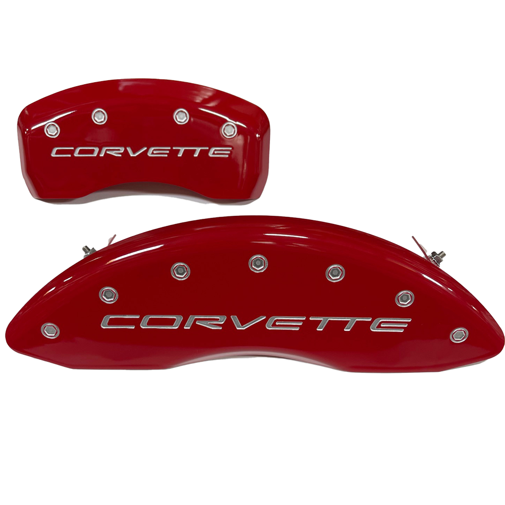 Corvette Brake Caliper Cover Set (4) - Victory Red with Silver Bolts and Script : 1997-2004 C5 & Z06