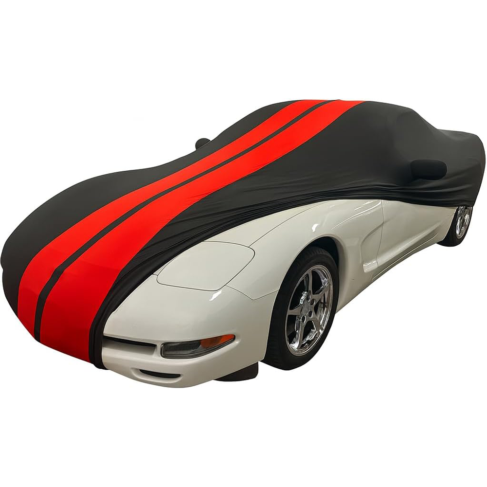 Corvette Ultraguard Stretch Satin Sport Car Cover - Black / Red Stripes - Indoor : 1997-2004 C5, Z06