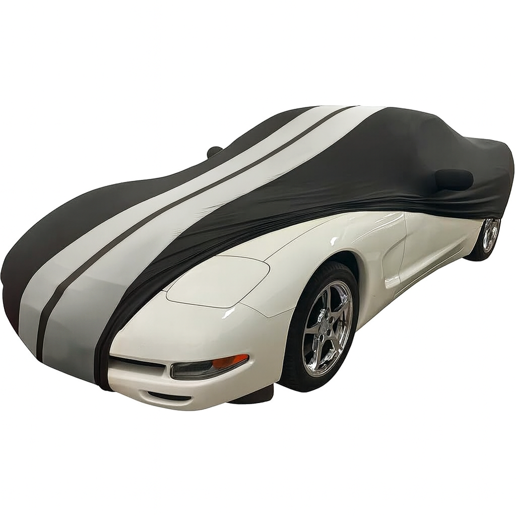 Corvette Ultraguard Stretch Satin Sport Car Cover - Black / Gray Stripes - Indoor : 1997-2004 C5, Z06