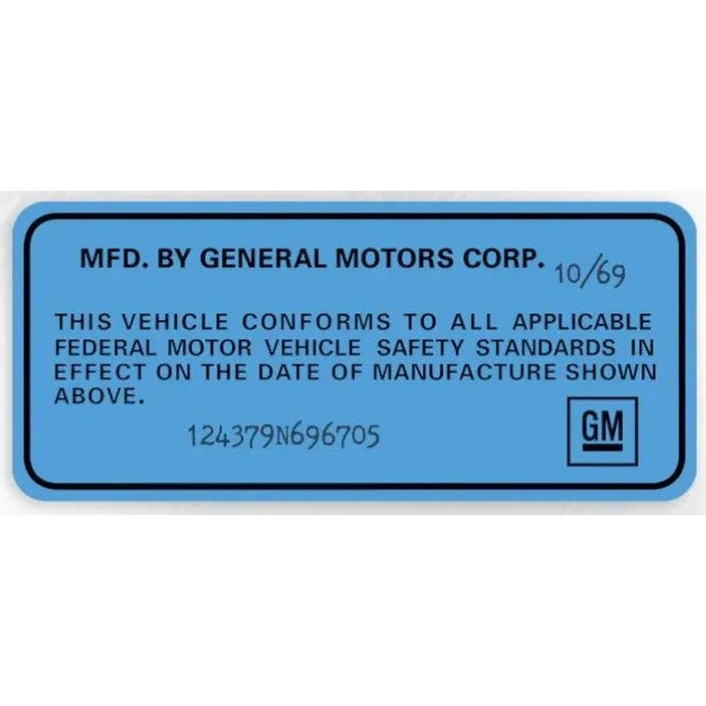 C3 1969-1972 Corvette GM Licensed Door Jamb VIN Data Decal - Blue - Sold Individually