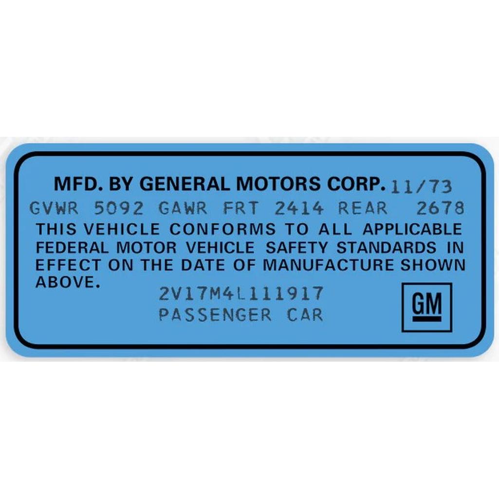 C3 1973-1974 Corvette GM Licensed Door Jamb VIN Data Decal - Blue - Sold Individually