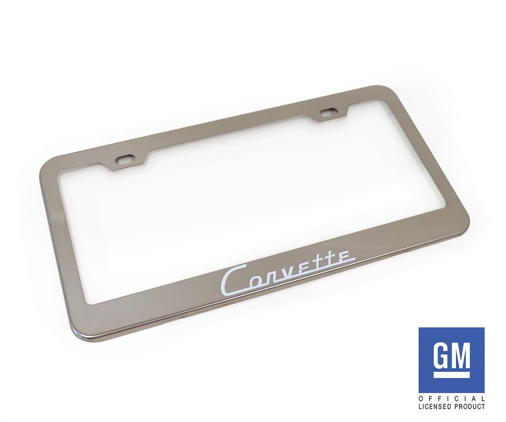 C1 1953-1962 Corvette License Plate Frame - Polished Stainless Steel W/White Corvette Script