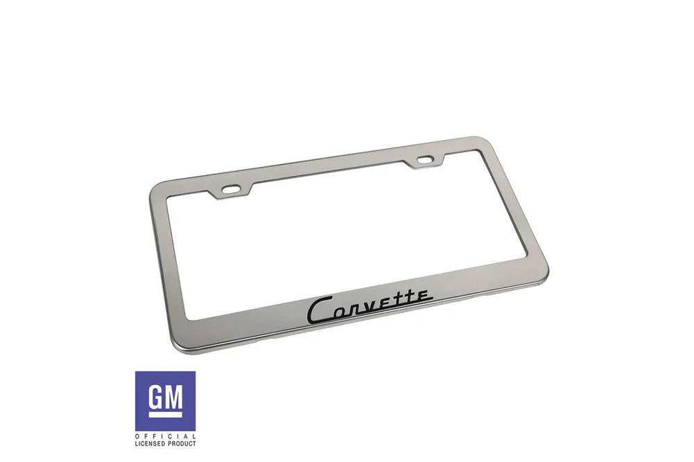 C1 1953-1962 Corvette License Plate Frame - Polished Stainless Steel w/Black Corvette Script