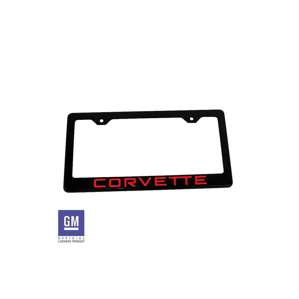 C4 1984-1996 Corvette License Plate Frame - Carbon Fiber W/Red Corvette Script - Red Script