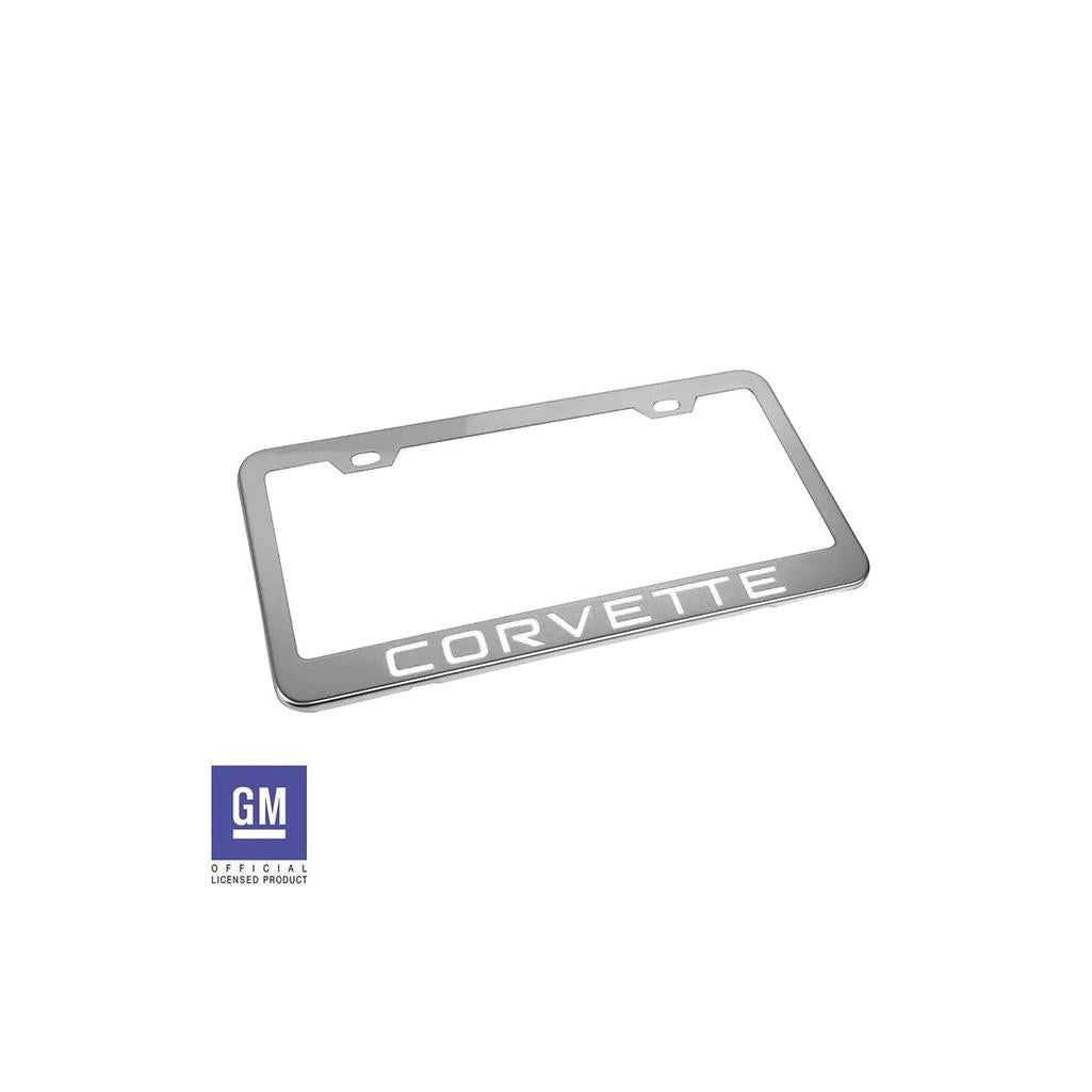 C4 1984-1996 Corvette License Plate Frame - Polished Stainless Steel W/White Corvette Script - White Script